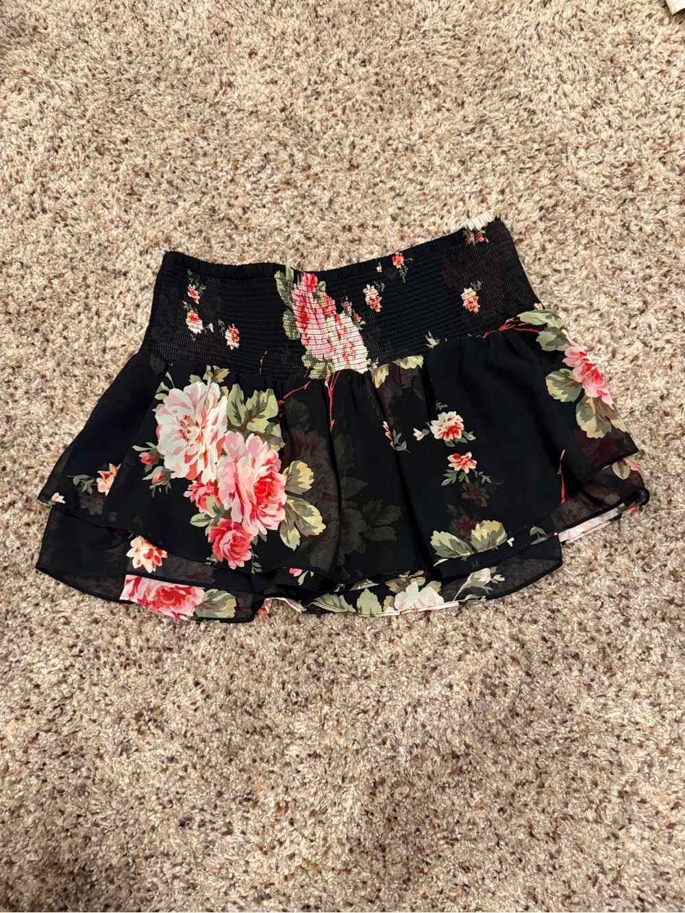 Black Floral Tiered Mini Skirt with Pink Rose Print
